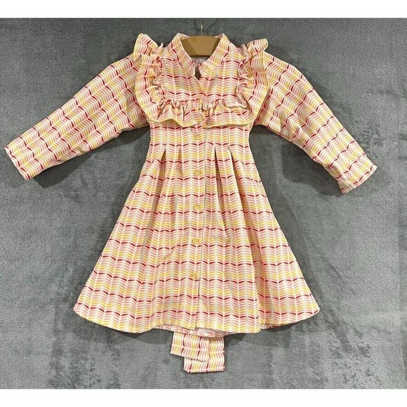 Christy & Fang Girls Dress Pink Yellow Retro Cottagecore Ruffle A-Line Sz Small - Picture 1 of 11